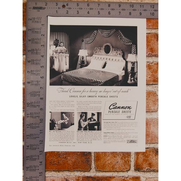 1940 Vintage Cannon Percale Sheets Print Ad Elegant Black & White Bedroom Decor - Picture 3 of 10